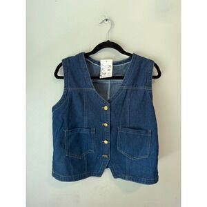 Fashion Classic Women Dark Wash Denim Vest V-Neck Button Front Blue 2XL New